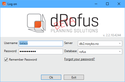 Drofus desktop client login window