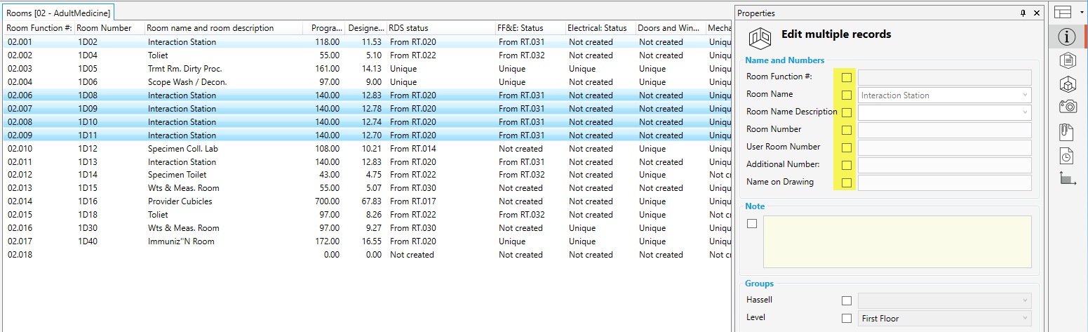 Multiple select rooms and edit e.g. Properties